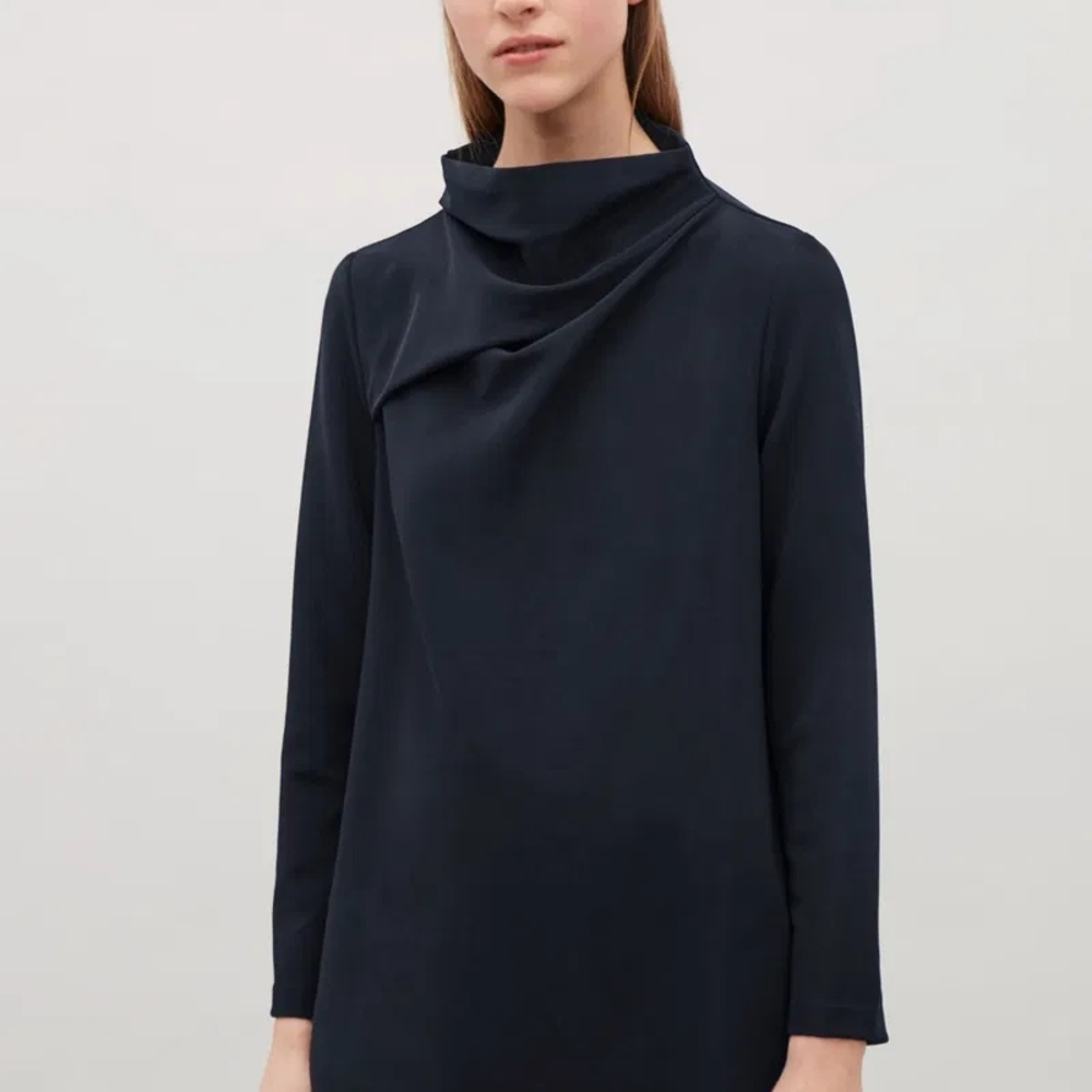 COS Navy Blue Draped Collar Long Sleeve Tunic Top – Minimalist Modern - Medium